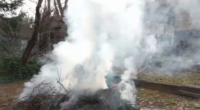 image of dense dangerous smoke releasing from burning of wet leaves