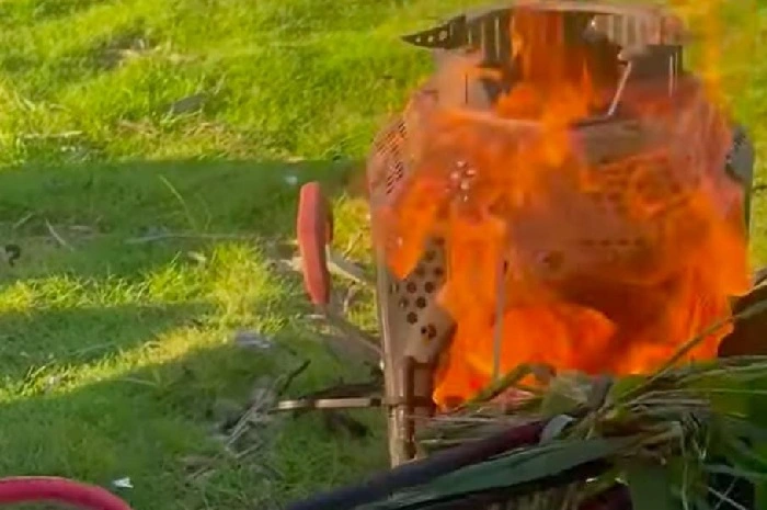 image of burning wet leaves in a propane burner