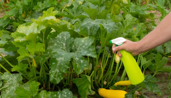 image of spraying fungicides on zucchini leaves