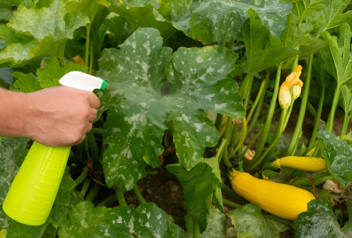 mage of spraying iron on zucchini leaves